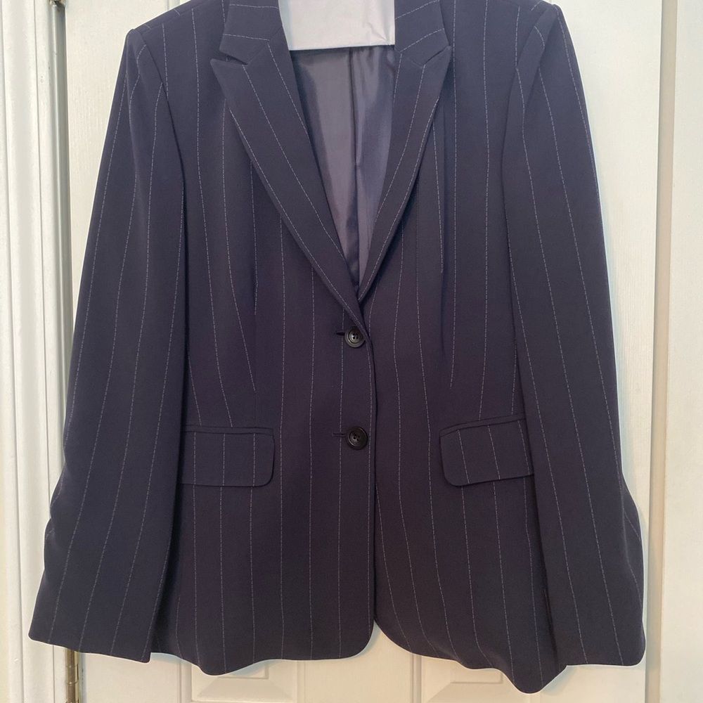 Talbots. Navy blue pin stripe THREE piece outfit w/ jacket, slacks & skirt